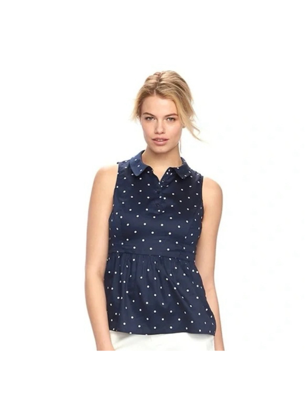 ELLE Navy White Polka Dot Peplum Sleeveless Blouse Size L (19-20 PTP) NWT